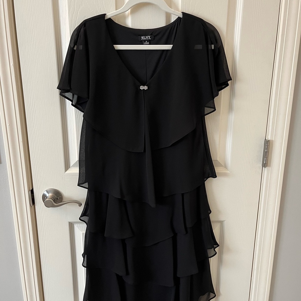 SLNY Black Layered Chiffon Midi Dress with V-Neck Detail